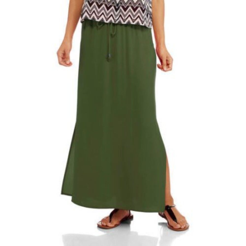 NWT Faded Glory Women's Woven Maxi Skirt Tie Waist Large Olive Twist 12/14